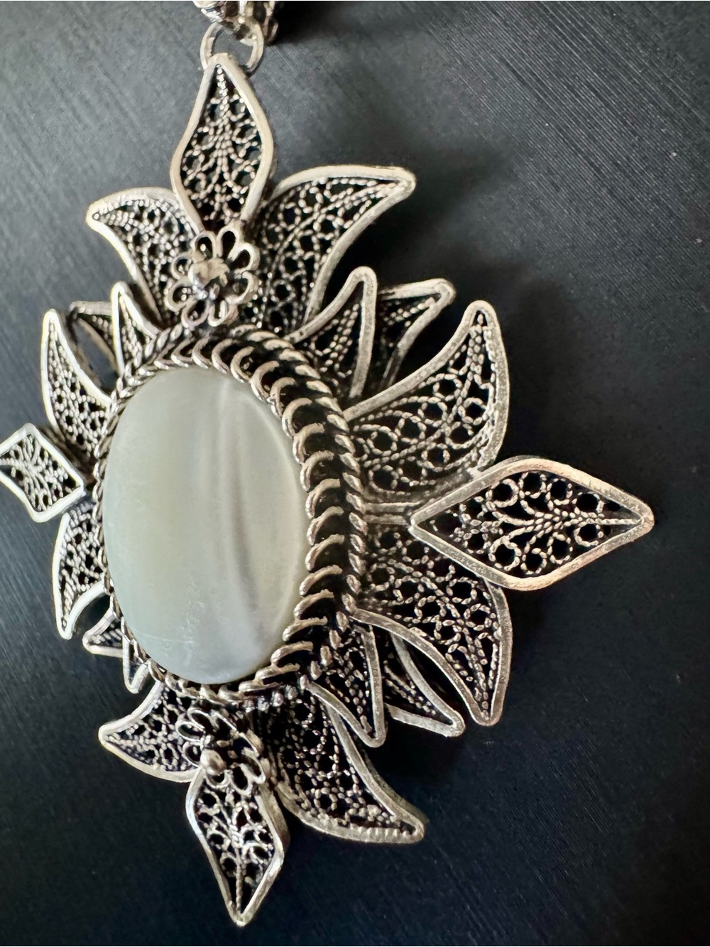 Turkey Sterling Silver Filigree Pendant with Mother of Pearl Cabochon - 2 3/4” - Picture 2 of 7